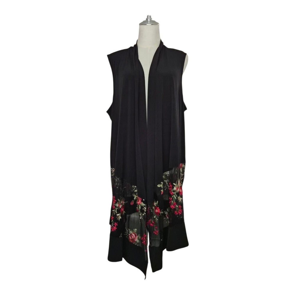 Susan Graver XL Black Floral Embroidered Mesh Duster Vest Open Front Boho
